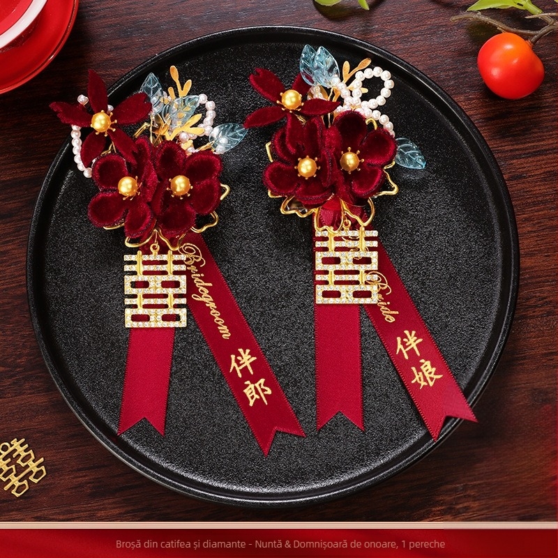 Set butoniere de nuntă pentru mire și mireasă cu flori de mătase – set complet, stil chinezesc, marcă Romantic Celebration