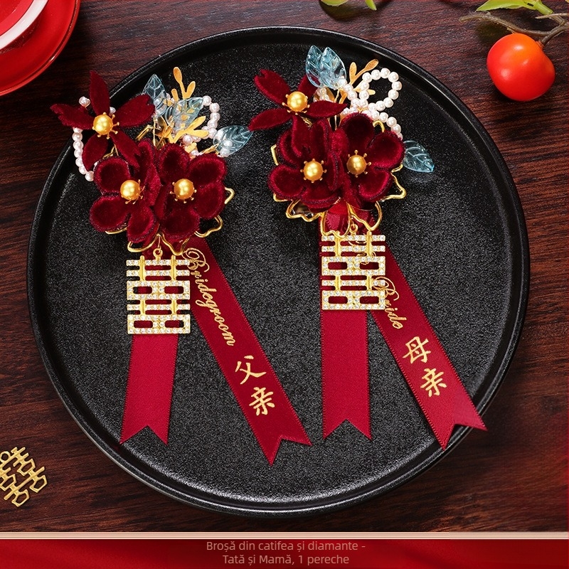 Set butoniere de nuntă pentru mire și mireasă cu flori de mătase – set complet, stil chinezesc, marcă Romantic Celebration