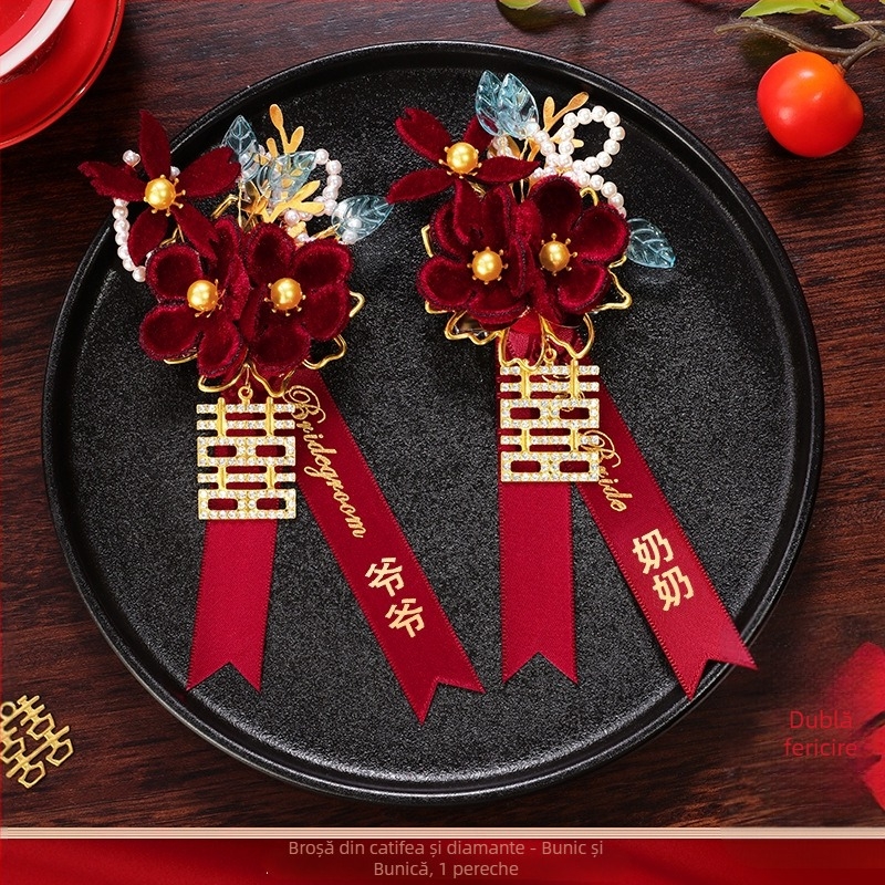 Set butoniere de nuntă pentru mire și mireasă cu flori de mătase – set complet, stil chinezesc, marcă Romantic Celebration