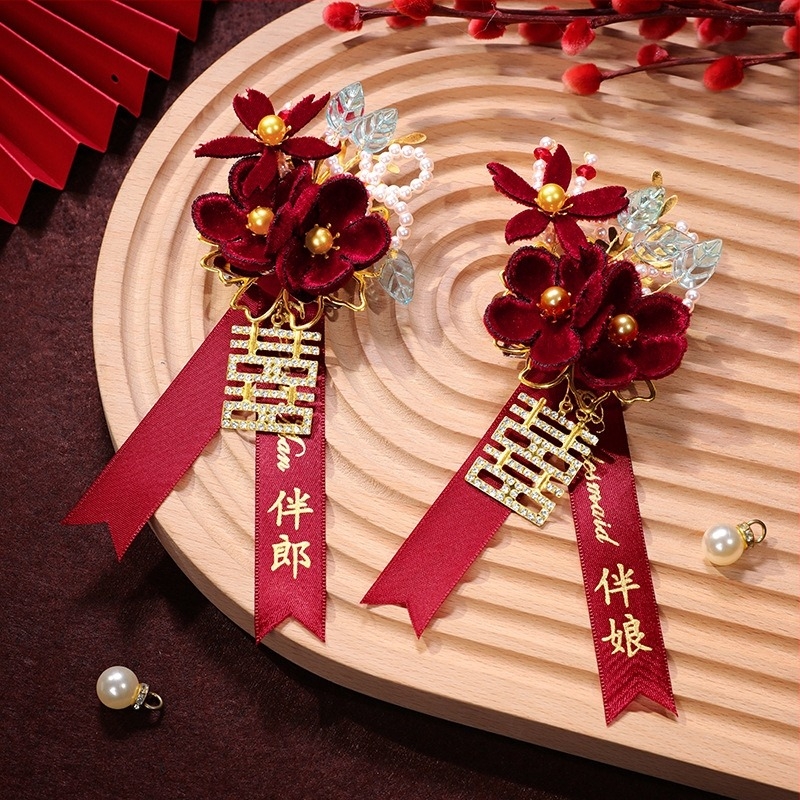 Butoniere de nuntă pentru mire și mireasă - flori de mătase, stil Chinezesc, marcă Romantic Celebration, set complet