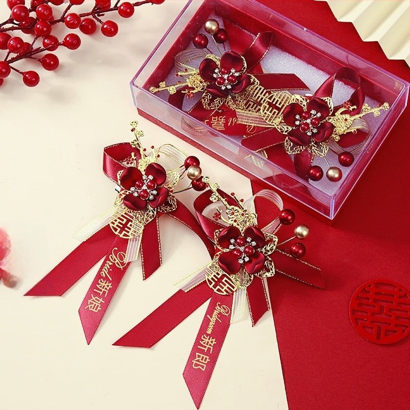 Set buchet de mireasă în cutie cadou – corsage de nuntă premium, set complet pentru mireasă, mire și părinți, stil chinezesc