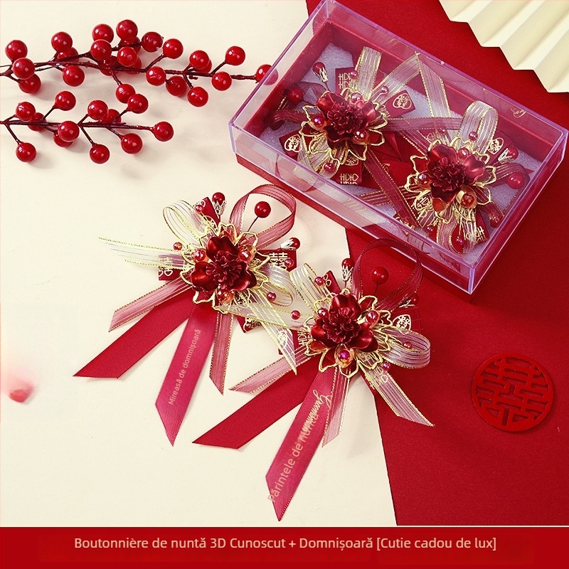 Set buchet de mireasă în cutie cadou – corsage de nuntă premium, set complet pentru mireasă, mire și părinți, stil chinezesc