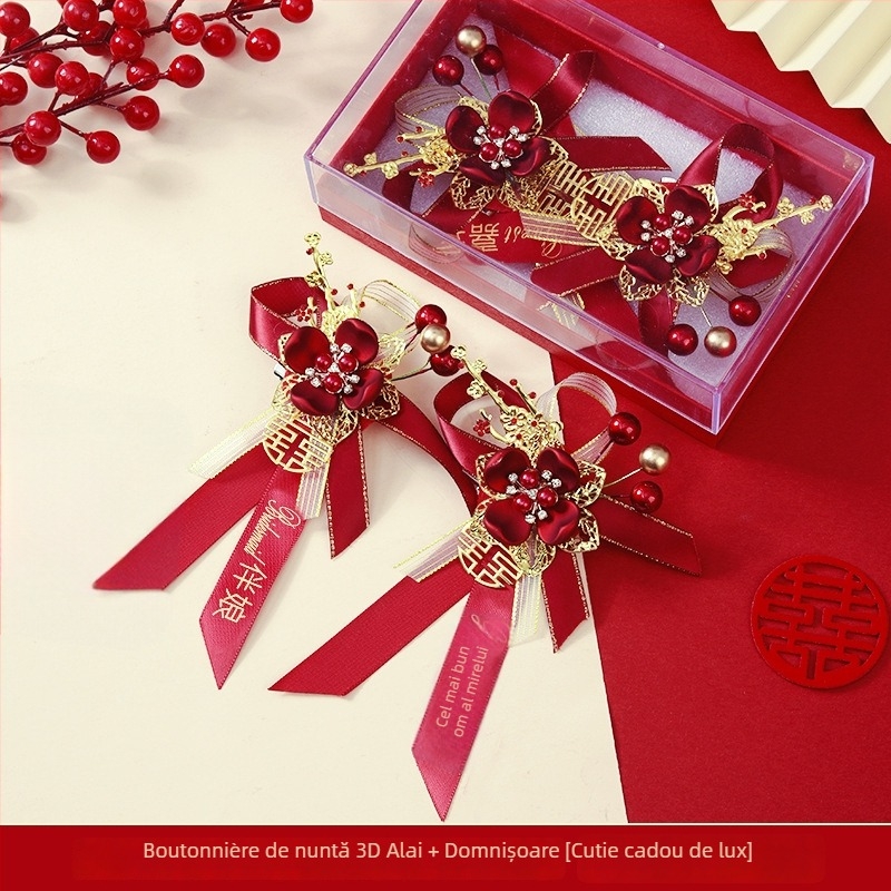 Set buchet de mireasă în cutie cadou – corsage de nuntă premium, set complet pentru mireasă, mire și părinți, stil chinezesc