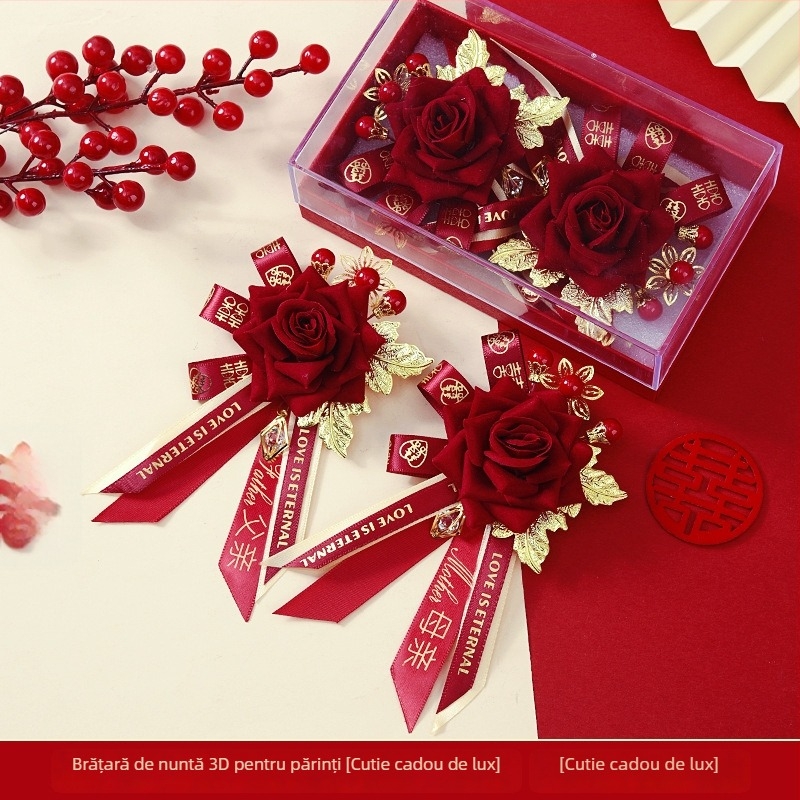 Set buchet de mireasă în cutie cadou – corsage de nuntă premium, set complet pentru mireasă, mire și părinți, stil chinezesc