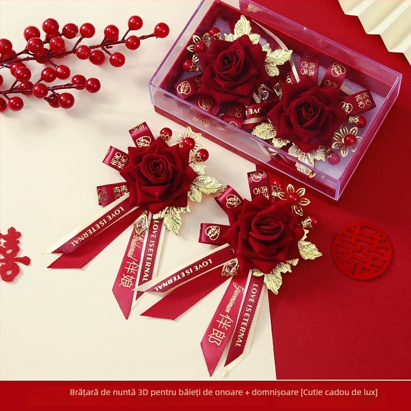 Set buchet de mireasă în cutie cadou – corsage de nuntă premium, set complet pentru mireasă, mire și părinți, stil chinezesc