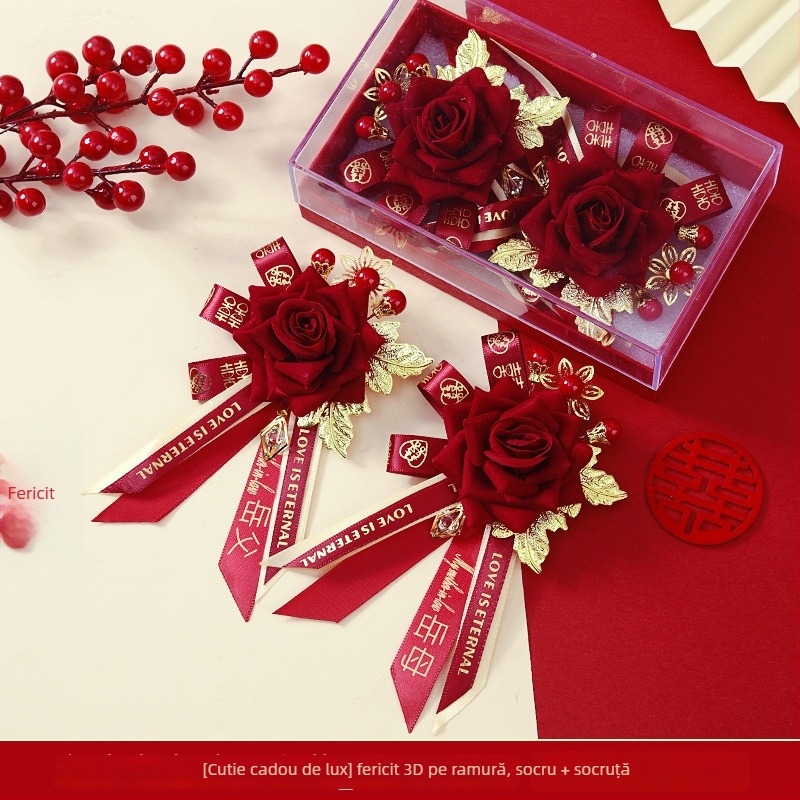 Set buchet de mireasă în cutie cadou – corsage de nuntă premium, set complet pentru mireasă, mire și părinți, stil chinezesc