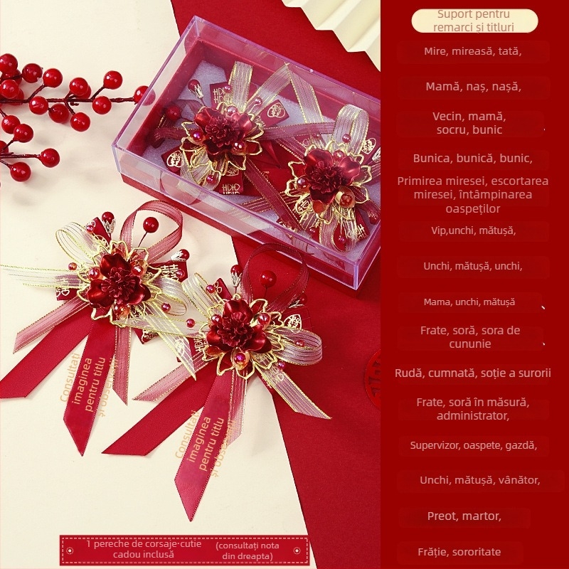 Set buchet de mireasă în cutie cadou – corsage de nuntă premium, set complet pentru mireasă, mire și părinți, stil chinezesc