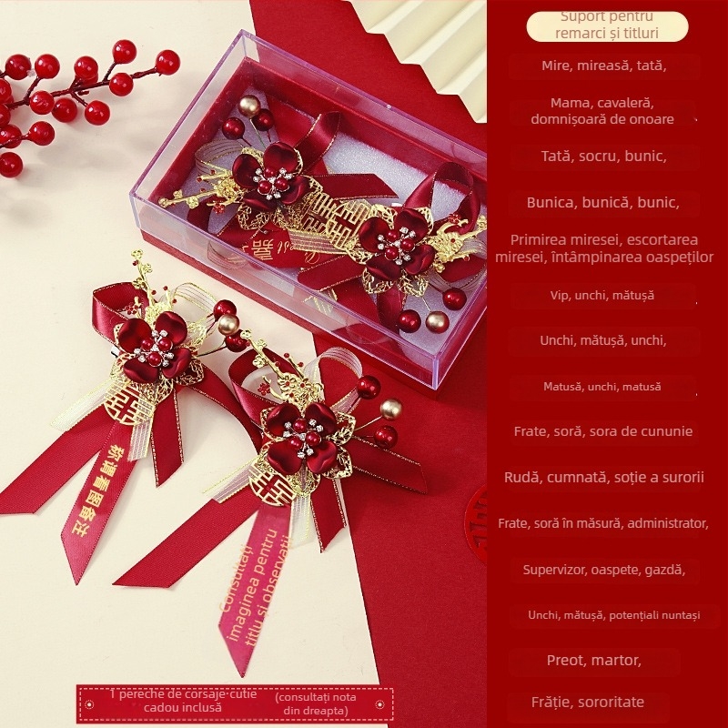 Set buchet de mireasă în cutie cadou – corsage de nuntă premium, set complet pentru mireasă, mire și părinți, stil chinezesc
