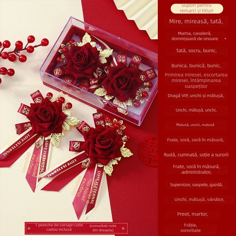 Set buchet de mireasă în cutie cadou – corsage de nuntă premium, set complet pentru mireasă, mire și părinți, stil chinezesc