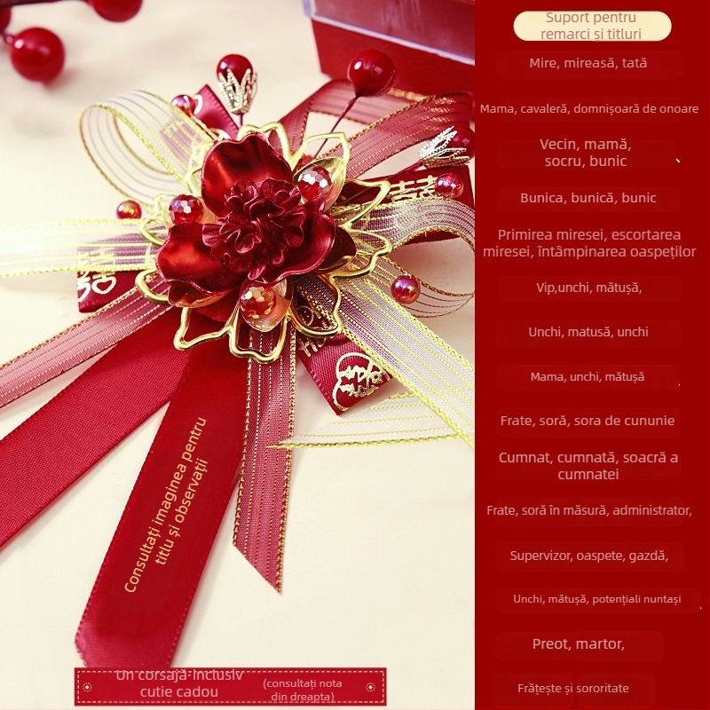 Set buchet de mireasă în cutie cadou – corsage de nuntă premium, set complet pentru mireasă, mire și părinți, stil chinezesc