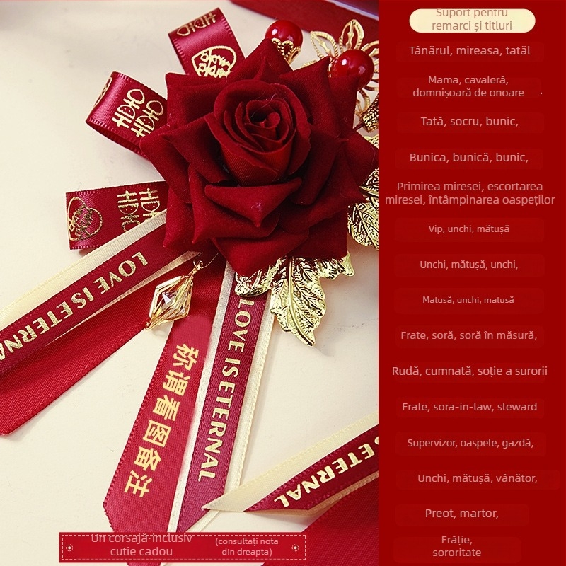 Set buchet de mireasă în cutie cadou – corsage de nuntă premium, set complet pentru mireasă, mire și părinți, stil chinezesc