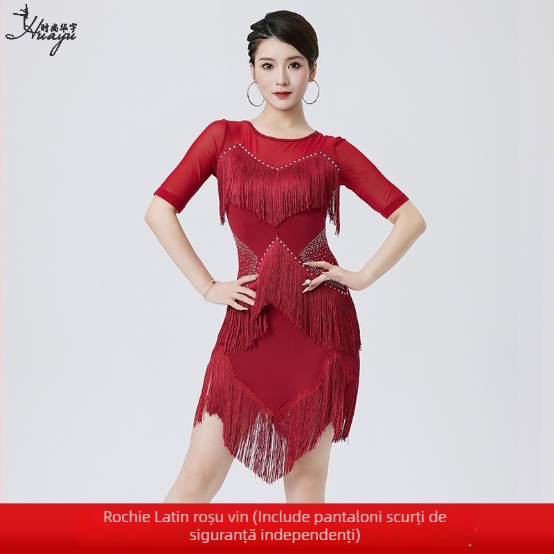 Rochie Huayu de dans latino pentru femei – rochie de spectacol cu franjuri, Milk Silk + plasă, Poliester, Vara 2025