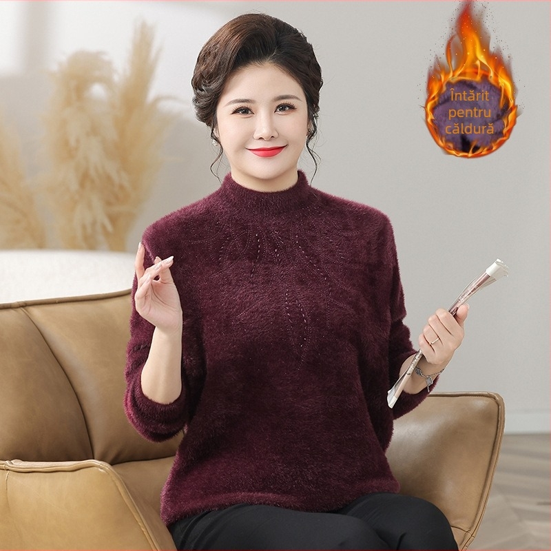 Pulover damă cu guler semi-turtleneck, croi lejer, model cu plante și flori, poliester și spandex