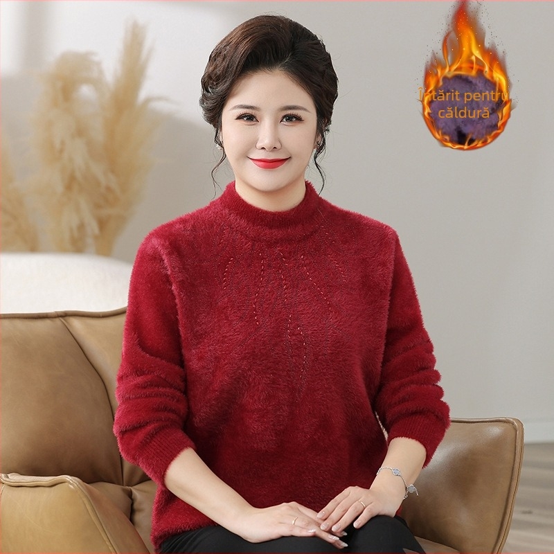 Pulover damă cu guler semi-turtleneck, croi lejer, model cu plante și flori, poliester și spandex