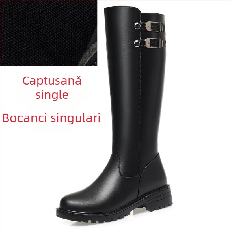 Cizme dama din piele naturală, căptușite cu lână, înălțime a gambelor, fermoar lateral, talpă din cauciuc