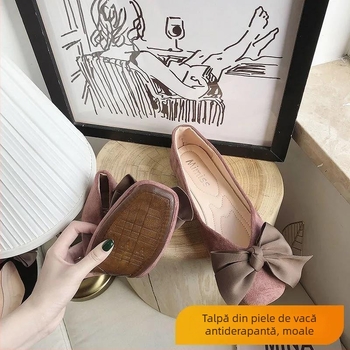 Pantofi Mary Jane flats fără toc, cu fundă, talpă moale, vârf pătrat, slip-on, toc jos 1-3 cm