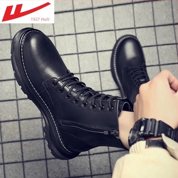 Cizme din piele, partea superioară din frosted ox-velvet, talpă din cauciuc, vârf rotund, toc mic de 1–3 cm, impermeabile