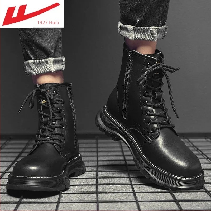 Cizme din piele, partea superioară din frosted ox-velvet, talpă din cauciuc, vârf rotund, toc mic de 1–3 cm, impermeabile