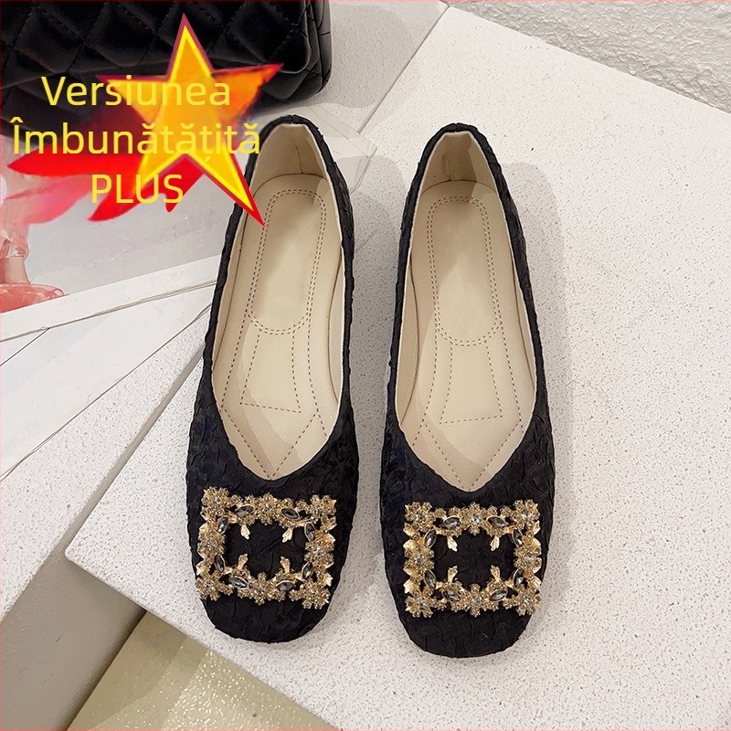 Loafers pentru femei, vârf pătrat, partea superioară din bumbac, toc mic 1–3 cm, talpă din cauciuc