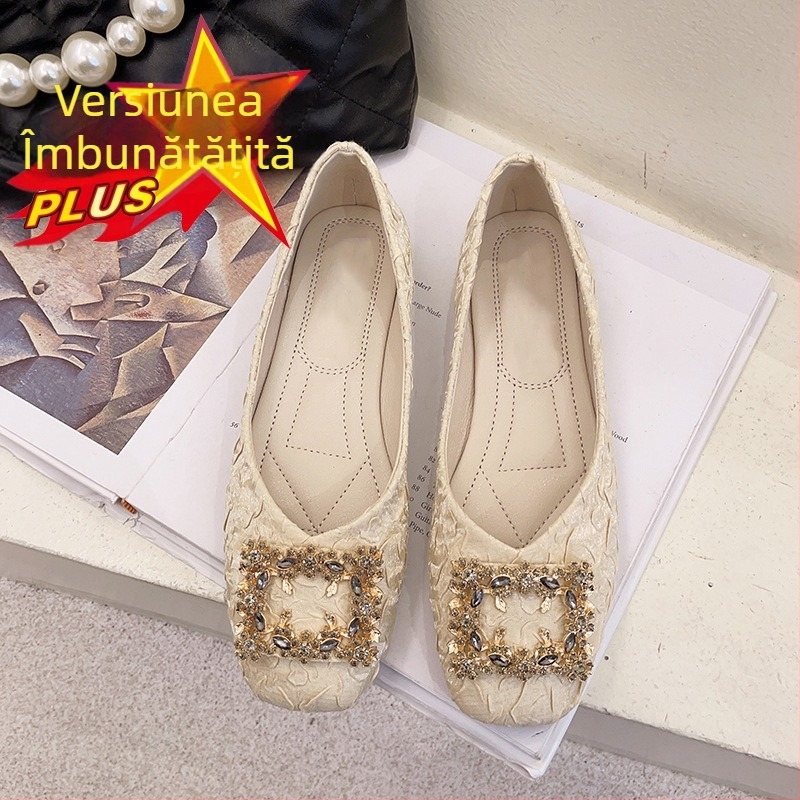 Loafers pentru femei, vârf pătrat, partea superioară din bumbac, toc mic 1–3 cm, talpă din cauciuc