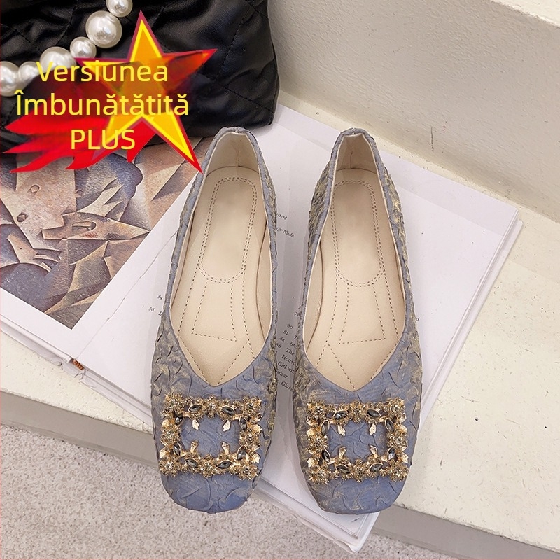 Loafers pentru femei, vârf pătrat, partea superioară din bumbac, toc mic 1–3 cm, talpă din cauciuc