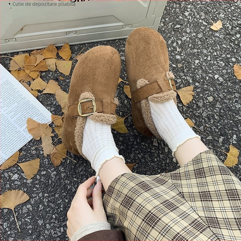 Pantofi de iarnă pentru femei, în stil Birkenstock, partea superioară din velur, căptușiți cu fleece, talpă din cauciuc, talpă joasă, înălțimea tocurilor 3–5 cm