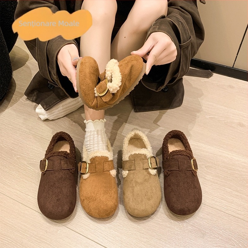 Mocasin slip-on pentru femei, talpă groasă, căptușit cu fleece, pentru iarnă, vârf rotund