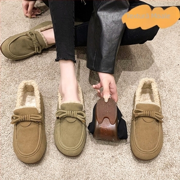 Pantofi de iarnă pentru femei, fără șireturi, cu căptușeală de fleece, din nubuk, vârf rotund, talpă din cauciuc