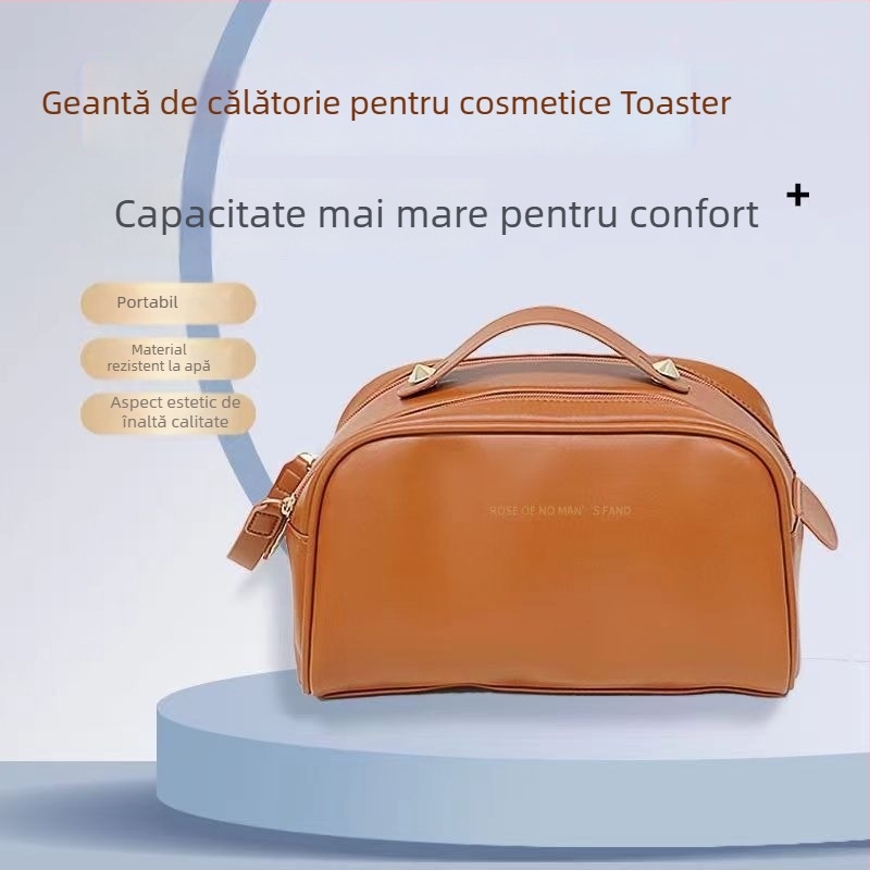 Geantă de machiaj cu capacitate mare, fermoar dublu, compartimente multistrat, impermeabilă, separare uscat-umed pentru utilizare zilnică