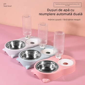 Vas dublu pentru pisici, cu design anti-răsturnare și distribuție automată de apă