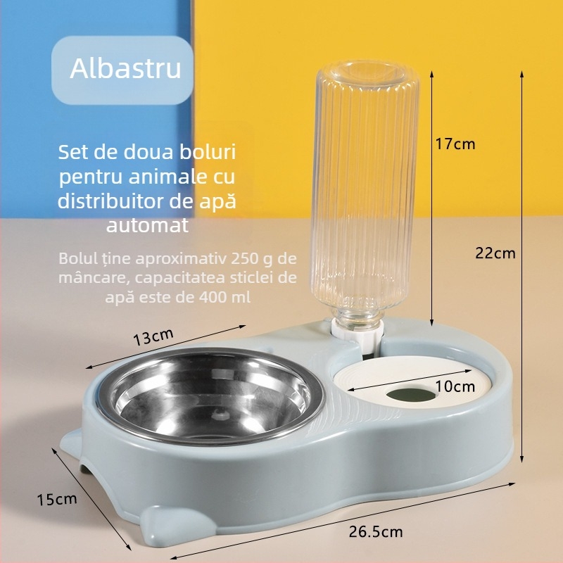 Vas dublu pentru pisici, cu design anti-răsturnare și distribuție automată de apă