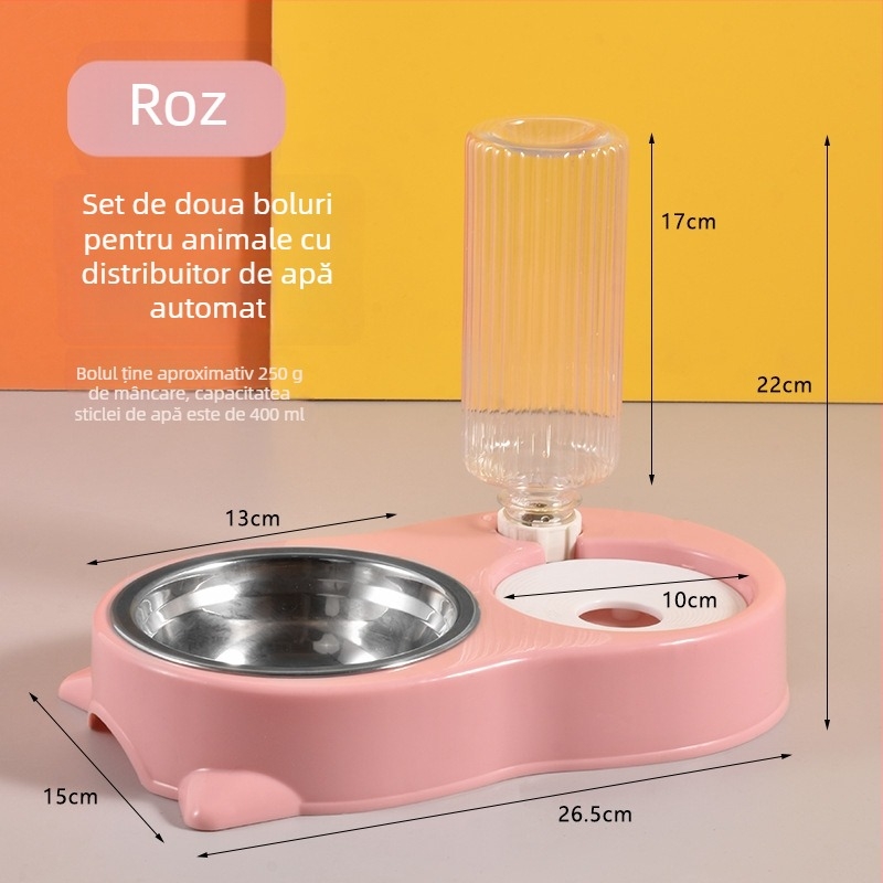 Vas dublu pentru pisici, cu design anti-răsturnare și distribuție automată de apă