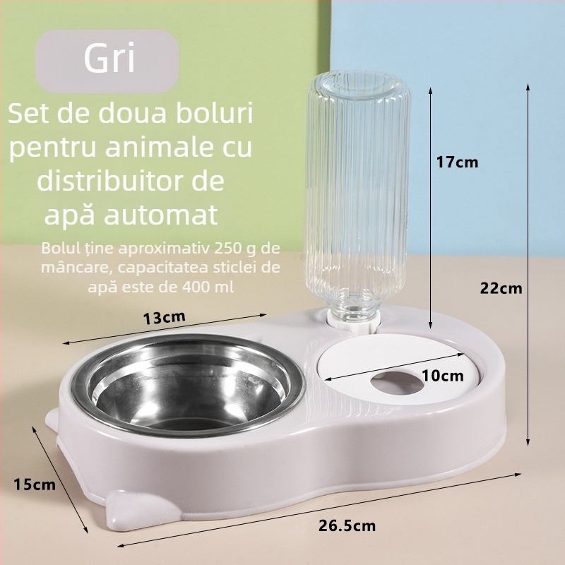 Vas dublu pentru pisici, cu design anti-răsturnare și distribuție automată de apă