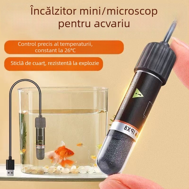 Mini tijă de încălzire pentru acvariu - 10W, sticlă de cuarț, termostat Micro USB, control automat al temperaturii