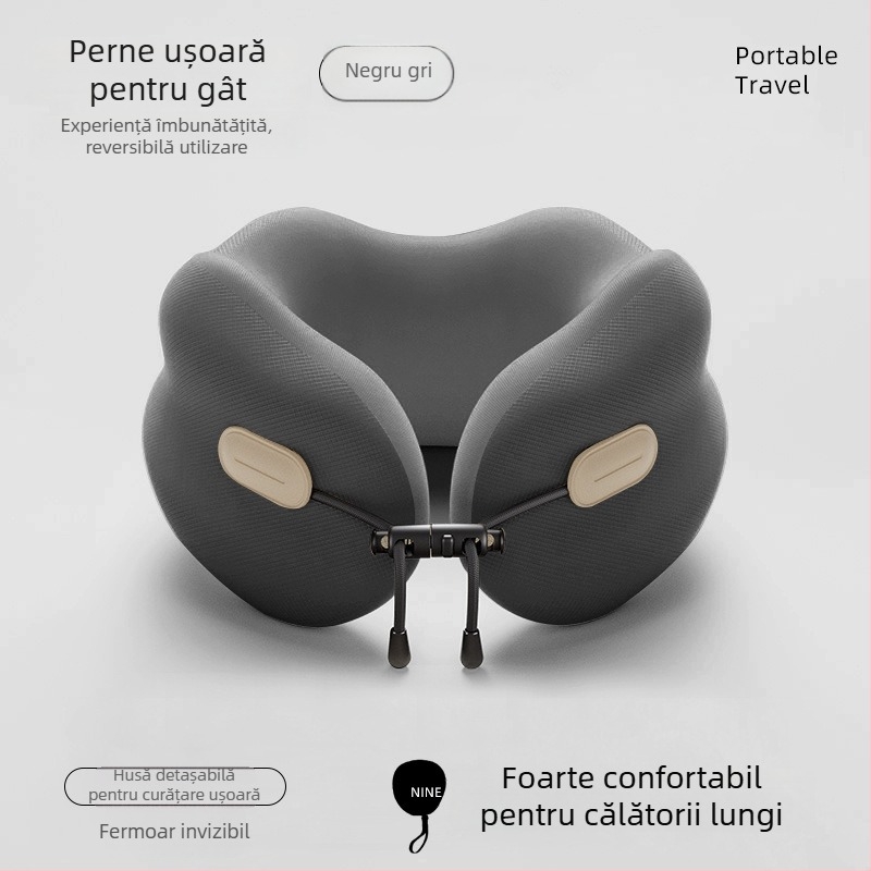 Pernă cervicală din memory foam, în formă de U, portabilă și pliabilă, pentru adulți (Umplutură: memory foam; Husă: poliester-bumbac; Stil: Modern Minimalist)