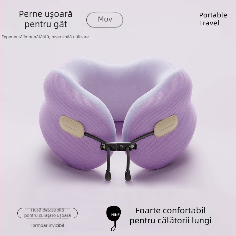 Pernă cervicală din memory foam, în formă de U, portabilă și pliabilă, pentru adulți (Umplutură: memory foam; Husă: poliester-bumbac; Stil: Modern Minimalist)