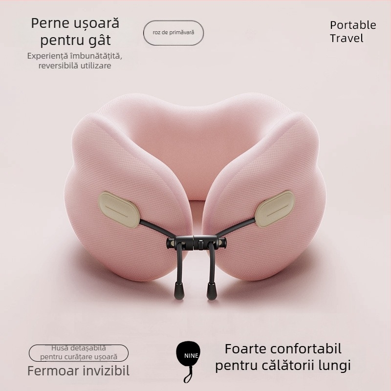 Pernă cervicală din memory foam, în formă de U, portabilă și pliabilă, pentru adulți (Umplutură: memory foam; Husă: poliester-bumbac; Stil: Modern Minimalist)