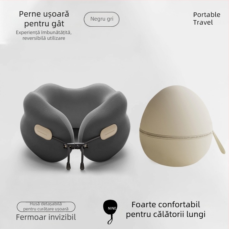 Pernă cervicală din memory foam, în formă de U, portabilă și pliabilă, pentru adulți (Umplutură: memory foam; Husă: poliester-bumbac; Stil: Modern Minimalist)