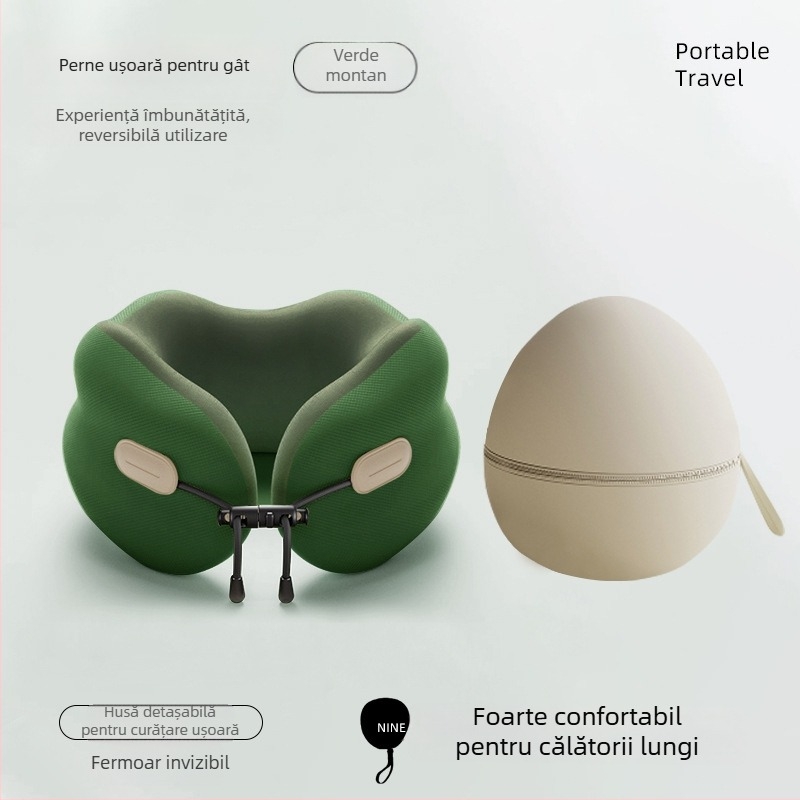 Pernă cervicală din memory foam, în formă de U, portabilă și pliabilă, pentru adulți (Umplutură: memory foam; Husă: poliester-bumbac; Stil: Modern Minimalist)