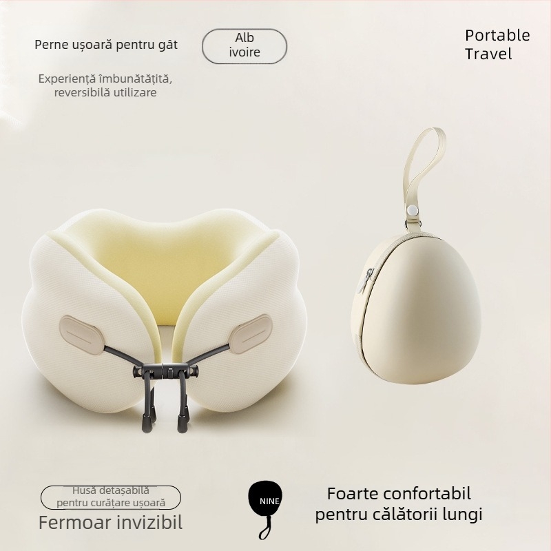 Pernă cervicală din memory foam, în formă de U, portabilă și pliabilă, pentru adulți (Umplutură: memory foam; Husă: poliester-bumbac; Stil: Modern Minimalist)