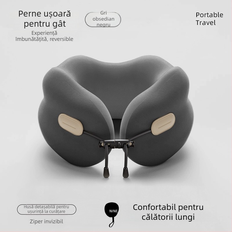 Pernă de gât din spumă cu memorie – în formă U, țesătură poliester-bumbac, stil modern minimalist, pentru adulți