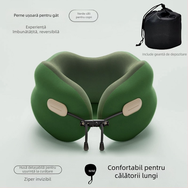 Pernă de gât din spumă cu memorie – în formă U, țesătură poliester-bumbac, stil modern minimalist, pentru adulți