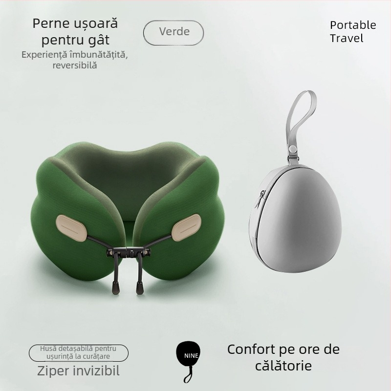 Pernă de gât din spumă cu memorie – în formă U, țesătură poliester-bumbac, stil modern minimalist, pentru adulți