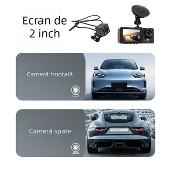 Dash cam cu trei canale: față, interior și spate; 1080p, unghi de 140°, ecran de 2,0 inch, conectivitate 4G