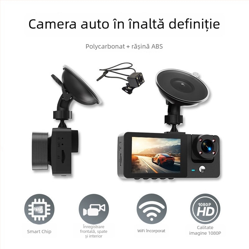 Dash cam cu trei canale: față, interior și spate; 1080p, unghi de 140°, ecran de 2,0 inch, conectivitate 4G