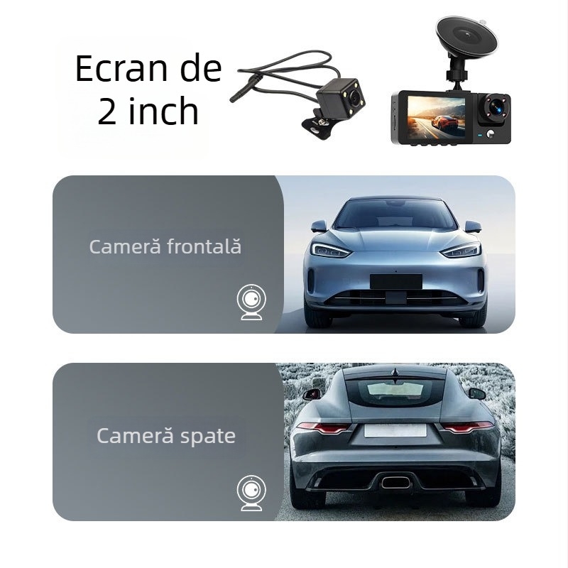 Dash cam cu trei canale: față, interior și spate; 1080p, unghi de 140°, ecran de 2,0 inch, conectivitate 4G