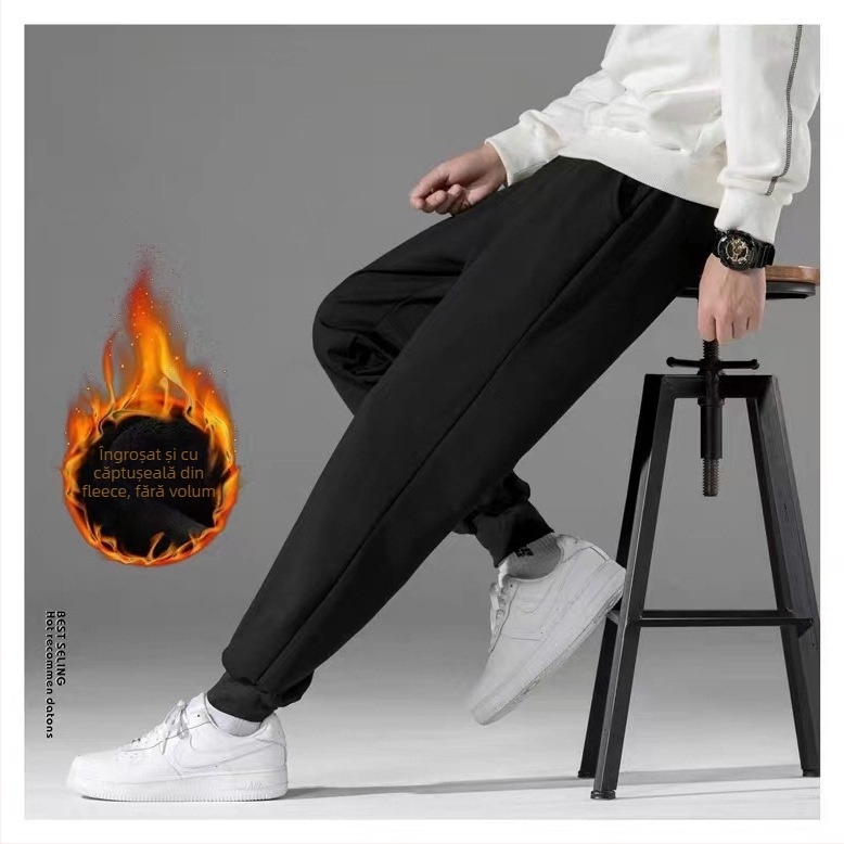 Pantaloni sport bărbați din bumbac, căptușiți cu fleece, croială conică, talie medie, stil coreean, pentru exerciții