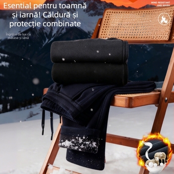 Pantaloni termici din lână cu căptușeală de fleece, rezistenți la vânt, talie înaltă, croi drept, lungi