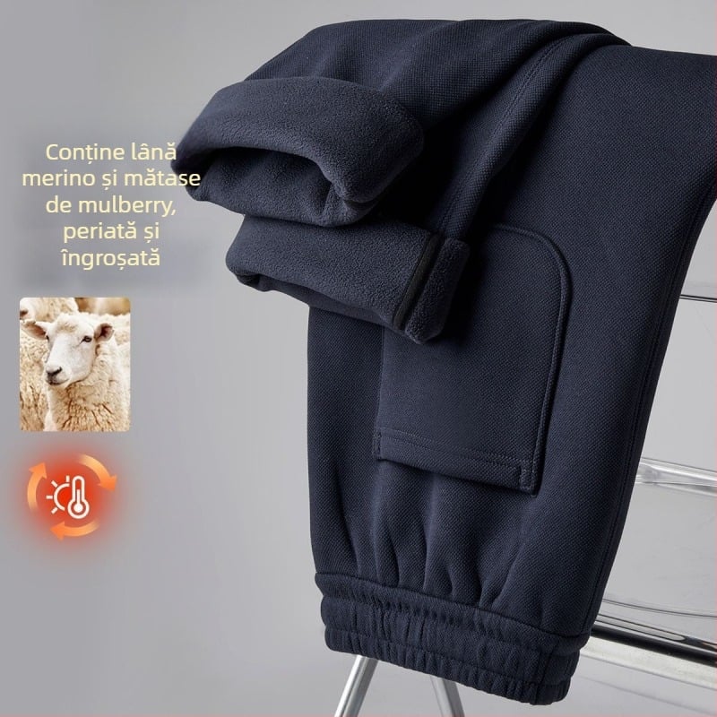 Pantaloni termici din lână cu căptușeală de fleece, rezistenți la vânt, talie înaltă, croi drept, lungi