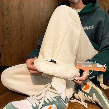 Pantaloni sport de iarnă pentru bărbați, model unicolor cu textură waffle și căptușeală Sherpa, croială lejeră, talie înaltă